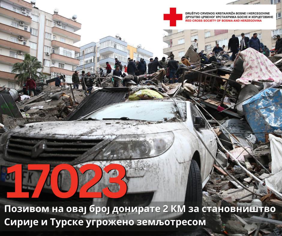 Crveni krst BiH pokrenuo akciju: Za pomoć Turskoj i Siriji pozovite 17023