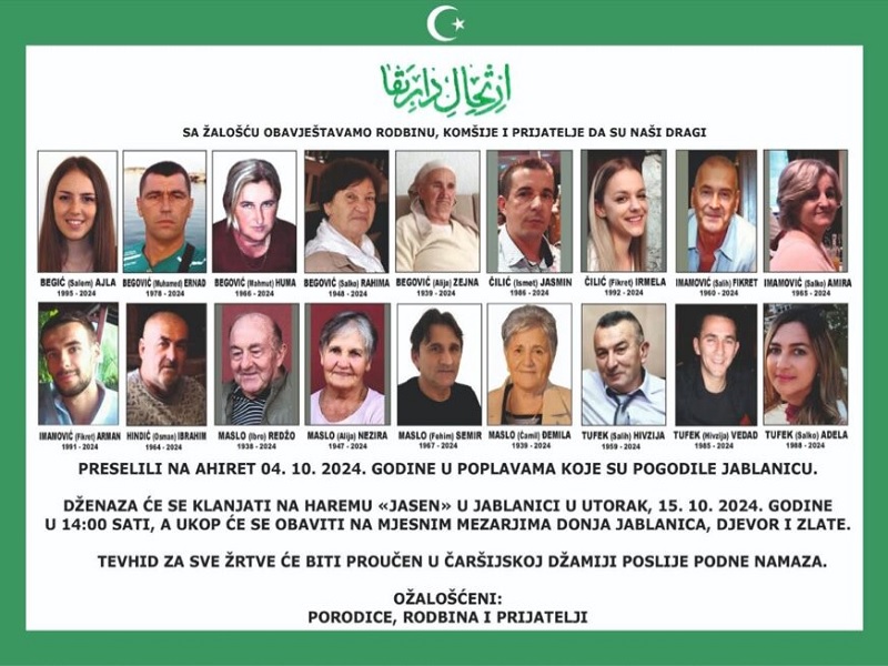 Danas kolektivna sahrana poginulih u poplavama na području Donje Јablanice