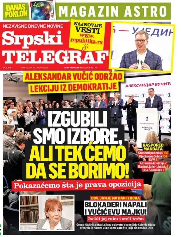 Naslovnice srpskih medija nakon izbora: Dok Danas piše o kraju Vučićeve ere, tabloidi u prvi plan stavljaju napad na njegovu majku
